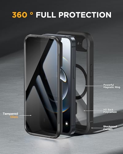Image of miracase for iPhone 17e & 16e Case with Built-in Private Screen Protector, [Magnetic with MagSafe] Full-Body Phone Cover Military Drop Proof 17 E / 16 E Bumper 6.1 inch, Black