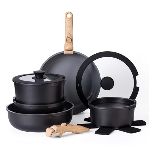 Photo 1 of Country Kitchen 16 Piece Pots and Pans Set - Safe Nonstick Ceramic Coating Kitchen Cookware with Soft Touch Wooden Removable Handle