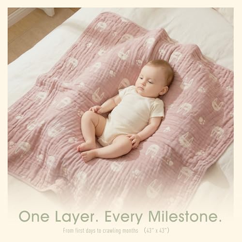 Image of 6-Layer Muslin Baby Blanket Made with Organic Cotton - Cute Bunny Rabbit Jacquard Swaddle & Crib Quilt, 43 inchx 43 inch,Blush Pink Bunny