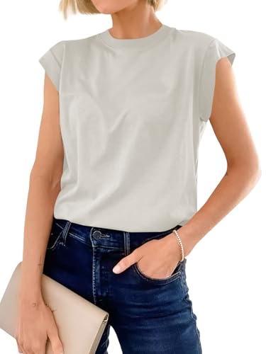 Best Cap Sleeve Tops for Women Over 50 (Flattering Styles Worth Buying) 15 Cicy Bell Womens Cap Sleeve Tops Summer Casual Cotton T Shirts Loose Fit Crew Neck Basic Tee Light Grey