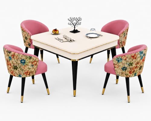 Image of WOODEN SPACE 4 Seater Wooden Dining Table Set | Urban Marble Top Dining Table with Chairs for Dining Room & Kitchen (Modern Classic Printed Pink) (42 x 42 x 30 inch)