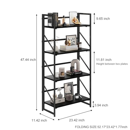 Image of JSB No Assembly Folding Bookshelf, 4 Tier Industrial Metal Book Shelf for Storage, Vintage Wood Foldable Bookcase for Living Room, Bedroom, Office Organization Shelves