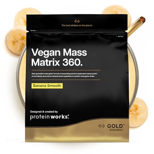 Protein Works | Vegan Mass Matrix 360 – GOLD Innovation, veganer Mass Gainer, Gewichtszunahme-Supplement, Tri-Protein-Mix, Aminosäuren, Post-Workout Proteinshake, Banana Smooth, 5 Portionen, 1kg