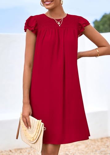 Image of KIRUNDO Wedding Guest Shift Dresses for Women Short Spring Summer Ruffle Cap Sleeve Chiffon Babydoll Flowy Mini Sundress(Red, X-Large)