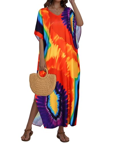 Image of Kaftan Dresses for Women V Neck Caftan Batwing Sleeve Swimsuit Cover Up | JILUVIN Plus Size Beach Swimwear Dress, Loose Fit Maxi Print Moomoo, Casual Mumu Nightgown Mrs Roper Costumes Vocation 2026