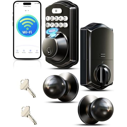 Veise VE012W-K Built-in WiFi Fingerprint Smart Lock with 2 Knobs, No Hub Needed, APP Remote Control, Keyless Entry Door Lock, Smart Deadbolt for Front Door, Auto Locking, BHMA Grade 3, Matte
