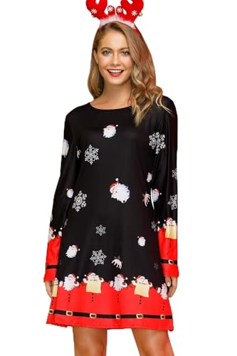 For G and PL Robe de Noël à col rond pour femme - Longueur genou - Imprimé Swing Party - Père Noël - Flocon de neige - Noir - M