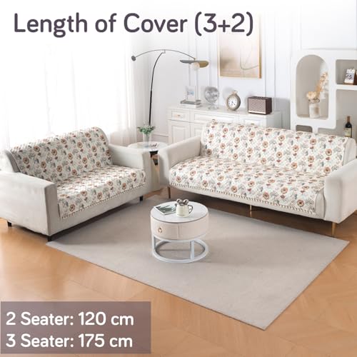 Image of HOKIPO Wildflower Breeze Quilted Sofa Cover 3 Seater and 2 Seater with Tassels Set - 5 Seater Sofa Cover (3+2) for Seat & Back | 'Tassel Twigs' Series (IN-991-T7 + IN-990-T7)