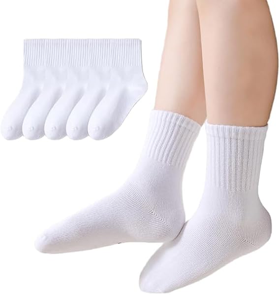5 Pairs Unisex School Kids Soft Cotton White Athletic-Socks for 5-10 T