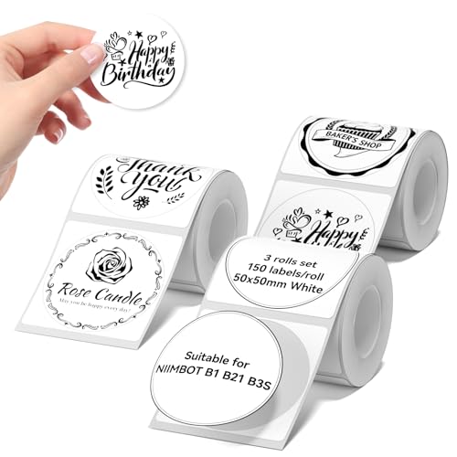 Image of NIIMBOT Labels 3 Rolls Set for B1 /B21 /B31 Sticker Printer, 50x50mm (1.97'' x 1.97'') 150 Labels /Roll, Refill Labeling Tape for Home School Office Small Business (White Round)