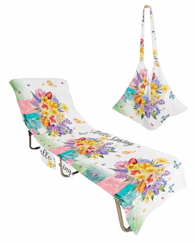 Spring Floral Beach Lounge Chair Towel Cover, Soft Chaise Lounge Towel with Side Pockets Patio Pool Chairs Cover for Beach/Pool Sunbathing 29x85 Colorful Summer Botanical Watercolor