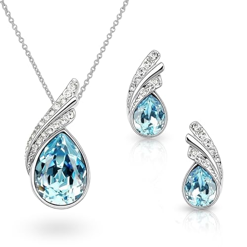 Crystalline Azuria Femme Ensemble Larmes Collier et Clous Boucles d'Oreilles 18ct Plaqué Or Blanc avec Cristaux océan Bleu