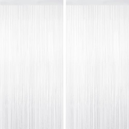 YEURFONTASY White Tinsel Backdrop Foil Fringe Curtains - 2 Packs Door Streamers Backdrop for Birthday Door Decorations Party Supplies for Bachelorette Graduation Christmas Disco Decor