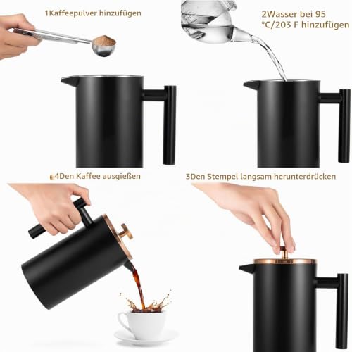 MaxMiuly Kaffeebereiter French Press 1L, Kaffeepresse Doppelwandig Edelstahl 6 Tassen, Thermo Kaffeezubereiter Erhältlich in 350ml… – Ansicht 5