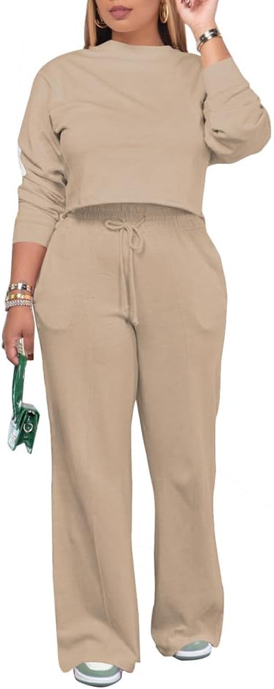 PINSV Women's 2 Piece Outfits Sweatsuit Set Long Sleeve Crop Top Drawstring Wide Leg Pants with Pockets Tracksuits Casual Set