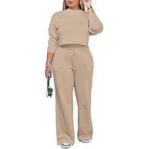 Women's 2 Piece Outfits Sweatsuit Set Long Sleeve Crop Top Drawstring Wide Leg Pants with Pockets Tracksuits Casual Set