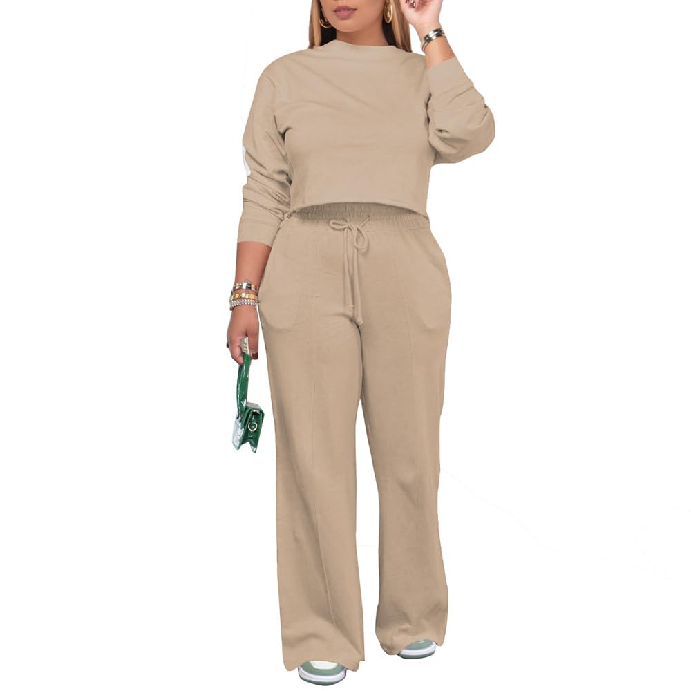 PINSV Womens 2 Piece Outfits Sweatsuit Set Long Sleeve Crop Top Drawstring Wide Leg Pants with Pockets Tracksuits
