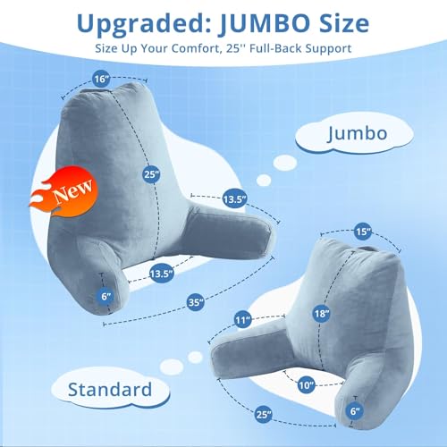 Image of Sasttie Reading Pillow for Bed, Back Pillow for Sitting Up, Greyish Blue | 25 inch Backrest Support Cushion for Couch, Sofa, and Floor, Dorm Essentials, OEKO-TEX, Adjustable Down Alternative Fill