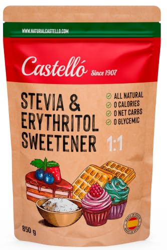 Castello since 1907 Stevia + Eritritol 1:1 850 g | 1g = 1g de azúcar | Sustituto del Azúcar con sabor 100% Natural - 0 Calorías - 0 Índice Glucémico - Keto y Paleo - 0 Carbohidratos