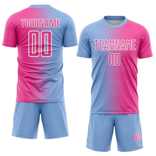 Custom Gradient Style Football Shirts Training Kit Pink and Light Blue for Men Women Youth Boys Girls, Personalised Soccer Jerseys and Shorts Set, Design Your Own Sports Volleyball Outfit with Pocket