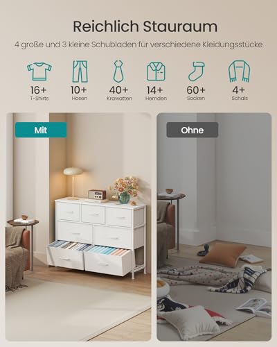 SONGMICS Kommode, Schrank, 7 Stoffschubladen, Aufbewahrungsschrank, Stahl, MDF, Vliesstoff, für Schlafzimmer, Flur, Wohnzimmer, wolkenweiß-schneeweiß LGS323WH01