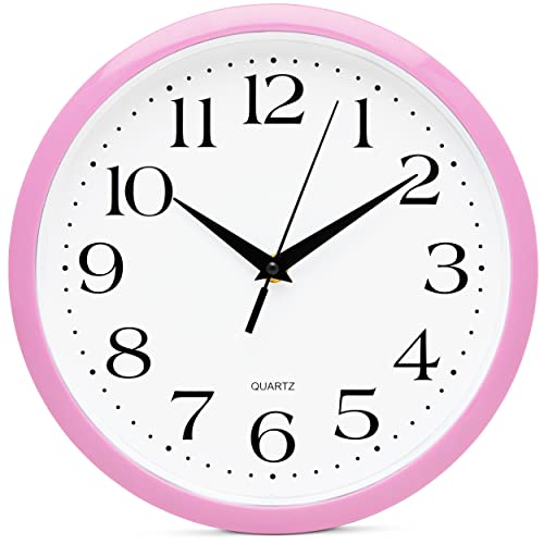 Image of Bernhard Products Light Pink Wall Clock Silent Non Ticking - 10 Inch Quality Quartz Battery Operated Round Easy to Read Home /Kitchen /Office /Classroom /School Clock