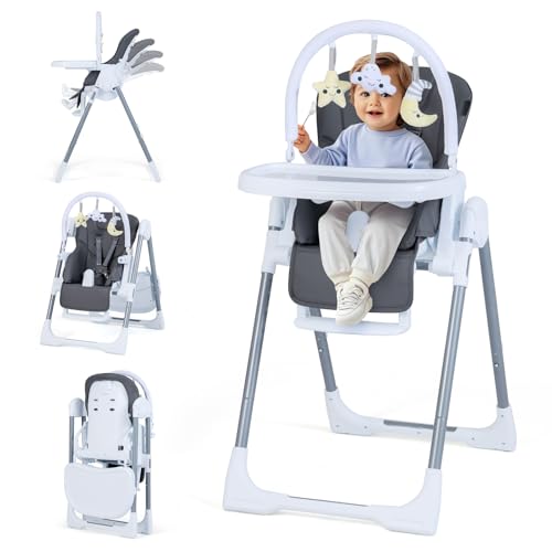 HONEY JOY Baby High Chair with Wheels, Foldable &amp; Self-Stand Feeding Chair w/Toy Bar, Removable Cushion &amp; Tray, Adjustable Heights &amp; Recline Seat, Portable Highchair for Babies &amp; Toddlers (Dark Gray)