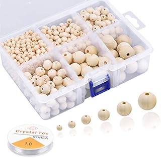 1105 Pcs Wooden Beads for Crafts, Natural Round Wooden Beads 6mm 8mm 10mm 12mm 16mm 20mm, Assorted Wood Beads Set with Elastic Beading Cord Invisible Nylon Thread for DIY Jewelry Macrame Making
