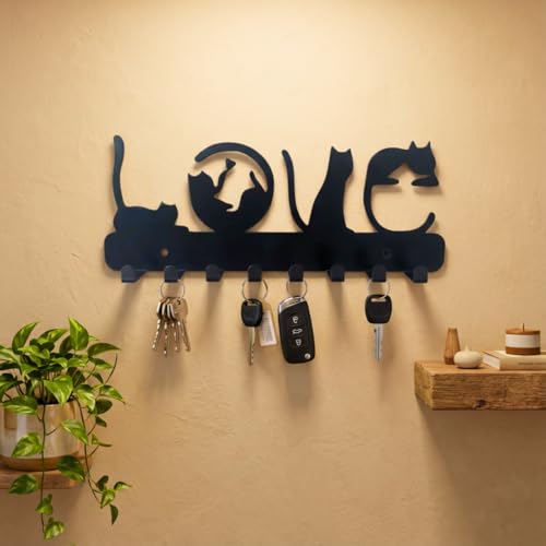 Image of Meet DECOR Metal Love Spelled Cat Design Key Holder with 8 Hooks | Decorative Wall Mounted Key Rack Organizer | Stylish Cat Lover Gift | Key Hanger for Entryway, Hallway, Kitchen, Office