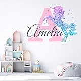 Girls Nursery Glitter Shimmer Sparkle Printed Unicorn Name and Initial Personalized Custom Name Vinyl Wall Decal, Wall Decor Sticker (Large)