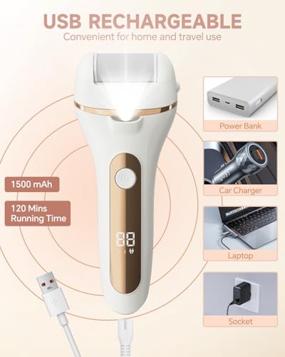 Image of Electric Foot Callus Remover Rechargeable Pedicure Kit with 3 Roller Heads 2 Speed IPX6 Waterproof Foot File Pedicure Tools Professional Foot Care for Dead Cracked Dry Skin White
