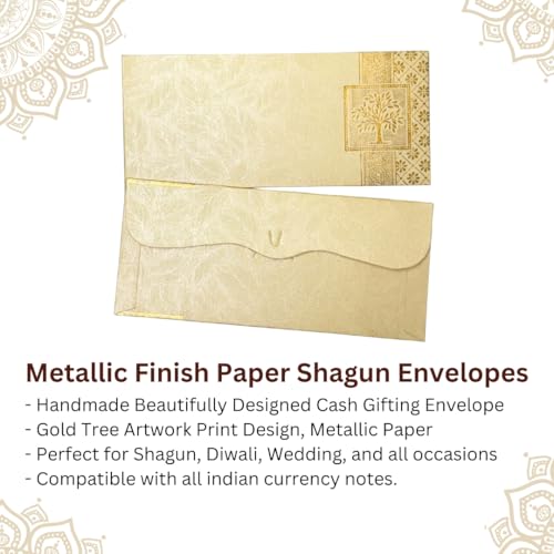 Image of Pack of 25, Rectangle Shape Metallic Paper Shagun Envelopes for Gifting Sagan Lifafa Wedding Occasion Cash Money, 18 X 8 cm, Cream Color - Gold Tree Design
