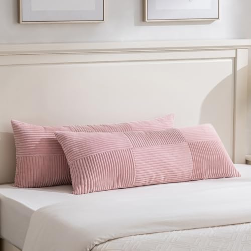 Image of Fancy Homi Set of 2 Blush Pink Boho Long Lumbar Body Decorative Throw Pillow Cover 14x36 Inch for Bed Couch Bedroom Bench, Soft Patchwork Corduroy Textured Pillow Case, Rustic Farmhouse Room Decor