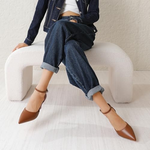 Image of RIBONGZ Comfortable Kitten Heels for Women Pointed Closed Toe Ankle Strap Buckle Heels Slip on Low Heel Church Pumps Wedding Bridal Party Dressy Shoes
