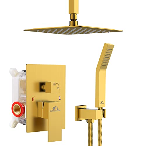 SunCleanse Decken-Duschsystem, gebürstetes Gold, Duschkombi-Set für Badezimmer, Regendusche, Wasserhahn, Deckenmontage, inklusive rauem Mischventilkörper und Verkleidung Cover