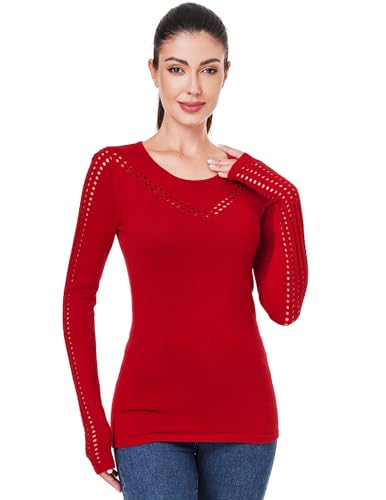 Image of AmelieBoutik Women Crew Neck Eyelet Trim Long Sleeve Knit Top Sweater