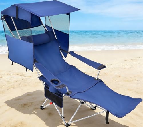 EAST OAK Reclining Beach Chair with Canopy Shade & Foot Rest