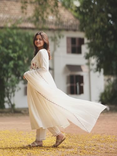 Image of ANNI Designer Women Viscose Blend Anarkali Embroidered Kurta Pant Dupatta Set | Ladies Ethnic Kurti Bottom Outfit with Floral Detail | Indian Wear for Office, Casual, Festive Use