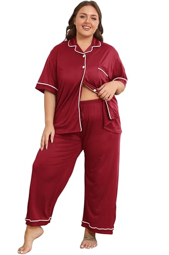 Image of Vozanet Women's Plus Size Pajamas Button Down Shirt and Pants Soft Lounge Sets Bride Nighty Bottom with Pockets 1x to 5x