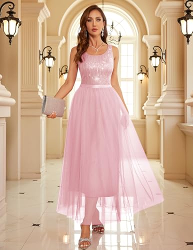Image of BeryLove Sequin Dress for Woman Vintage A Line Wedding Formal Swing Mesh Dress Sleeveless Cocktail Maxi Gowns