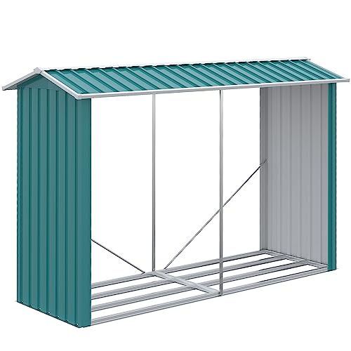 Outsunny Casetilla para Leña de Acero Galvanizado Leñero Exterior Cobertizo de Almacenamiento con Techo Inclinado para Jardín Terraza Patio 240x86x160 cm Verde