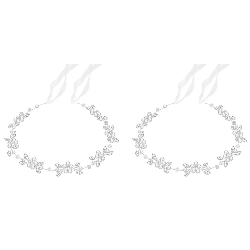 Bridal Head Band Piece Pearl Rhinestone Floral Headpiece Ribbon Tie Back Headband for Bride Dress Up Princess Hair Accessory for Wedding 2PCS-image-23