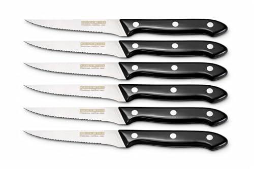 BERIZZA Juego de 6 Cuchillos de Carne de Mesa con Mango Negro en Polipropileno, Hoja de Acero Inoxidable, Diseño Elegante, Cuchillo Bistec, Chuletero