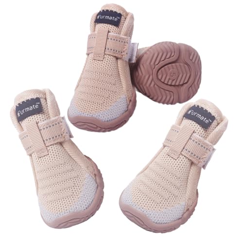 ASMPET 犬 靴 ドッグブーツ 夏 メッシュ 通気性 犬用 靴 すべり止 肉球保護 ドッグブーツ 犬靴 愛犬のお散歩 足元の汚れ防止 犬用靴 履かせやすい 小型犬 ベージュ 04 (長さ:4.3CM 幅:4.0CM)