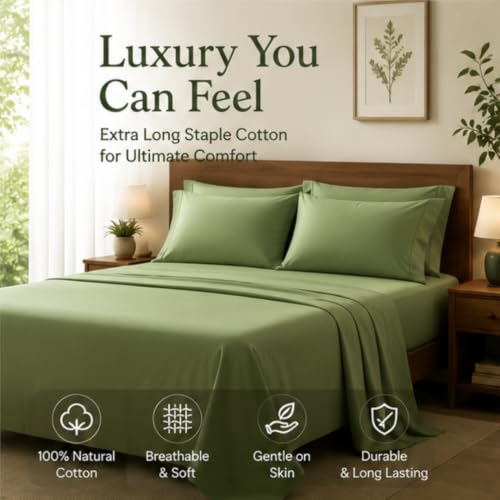 Image of Flat Bedsheet Super King Bed (108x108 Inch) with 2-Pillow Covers Egyptian Cotton Fits 600 TC Super Soft & Breathable Wrinklefree Sage Bed Sheet for Luxurious Bedrooms and Hotels