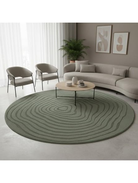 Tapis Rond Moderne à Relief Fluide avec Lignes organiques superposées - Dimension 120 cm Ronde, Couleur Vert