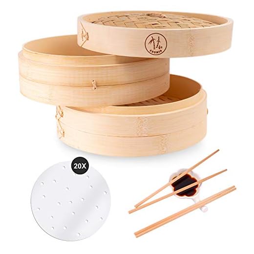 Coomin 10 Inch Bamboo Steamer Basket, Premium 2 Tier Food Steamer with Lid, Handmade Steamer for Cooking/Veggie/dumplings/Eggs, Contains 2 Pairs of Chopsticks, 1 Sauce Dish & 20 Liners