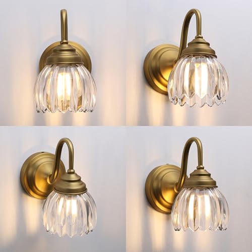 Image of Phansthy Vintage Brass Boho Wall Sconces, Hardwired Wall Lights with Tulip Glass Lampshade, Brass Vanity Lamp Modern Wall Lighting Fixtures for Bedroom, Living Room, Hallway (Antique + Clear Shade)