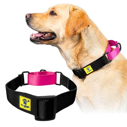 Image of A+a Pets Martingale Dog Collar | No Pull Design, No Neck Strain, No Choke Design | for Large & Medium Dogs | Rust Free, Waterproof Nylon Training Collar (Black & Pink), 30 x 2.5 cm