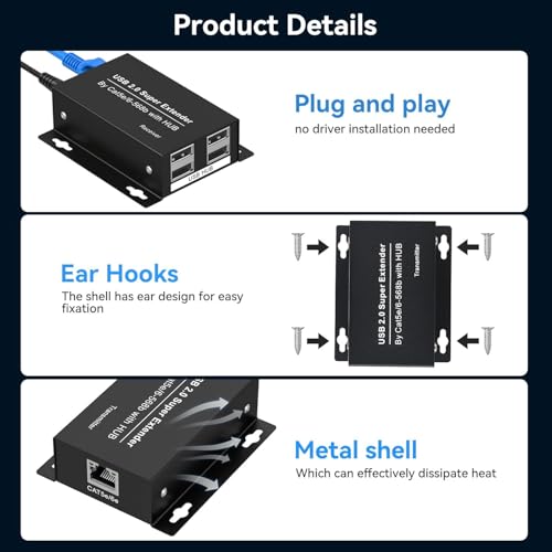 Image of USB Extender Over Ethernet USB 2.0 HUB RJ45 Cat5e /6, 196ft /60m, up to 480Mbps Transfer Rate No Driver Required Supports POC Power Supply, Supports Connecting Keyboard Mouse U Disk Printer etc.